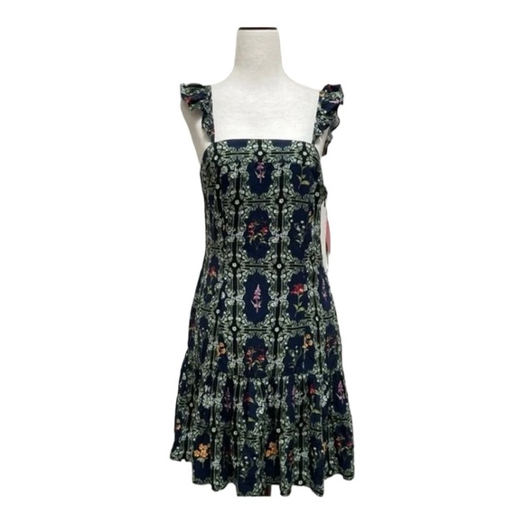 AGUA BENDITA x Target Navy Blue Green Floral Ruffle Sleeve Tiered Mini Dress L - Picture 9 of 11